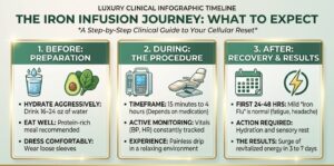 What to Expect During and After an Iron Infusion infographic - Revived Clinic in Houston