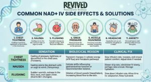 Common NAD+IV Side Effects Chest Tightness, Nausea & Flushing infographic