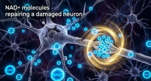 NAD+ molecules repairing a damaged neuron
