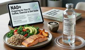 A balanced healthy meal next to an IV hydration bottle - Revived Clinic in Houston