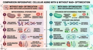 Comparison infographic of cellular aging with and without NAD+ optimization